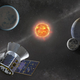 Artist impression of Tess alongside a rather unlikely configuration of planets around a star